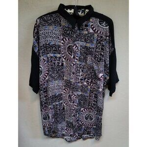 Vintage Maxx FM Men Large Button Up Short Sleeve Shirt Black Printed Lightweight
